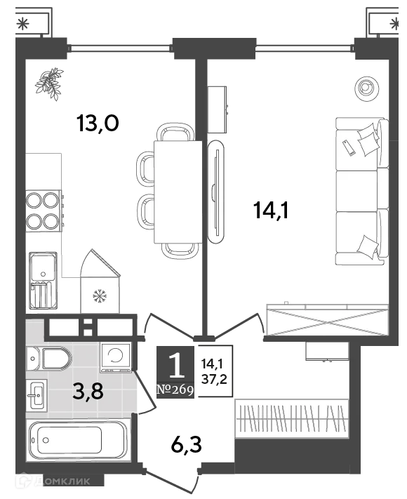 Планировка 1-комнатной квартиры 37.2 м² в ЖК Порто Ново, г. Новороссийск — фото 2