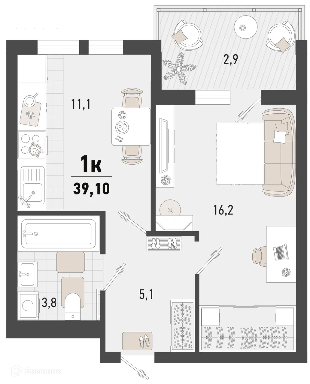 Планировка 1-комнатной квартиры 39.1 м² в ЖК Барса, г. Новороссийск — фото 1