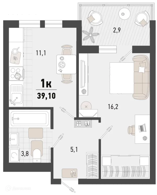Планировка 1 комн. в ЖК Барса
