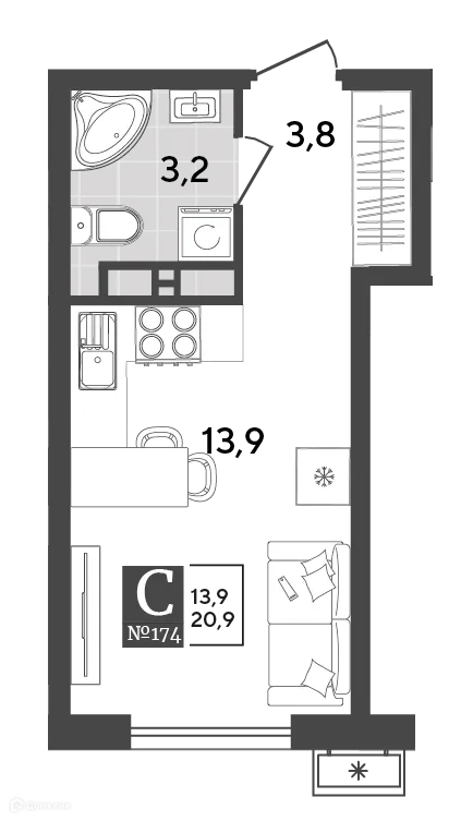 Планировка студии квартиры 20.9 м² в ЖК Порто Ново, г. Новороссийск — фото 2