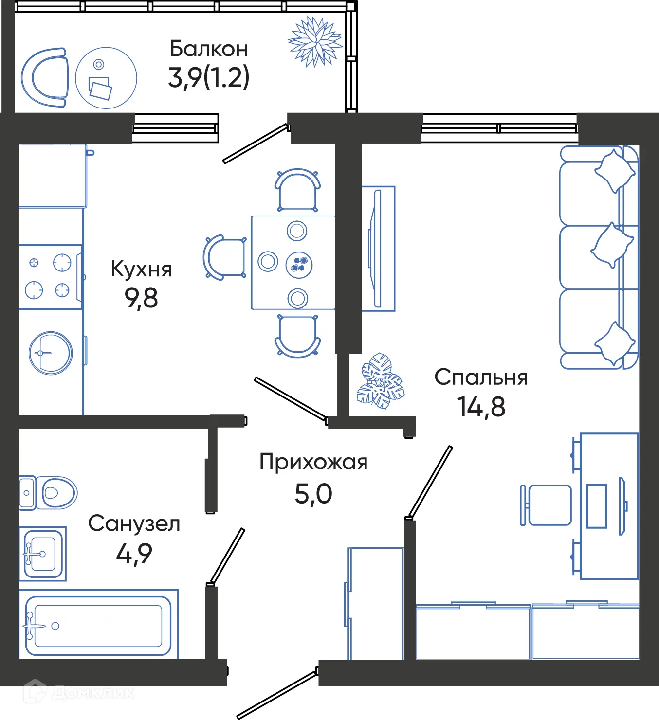 Планировка 1-комнатной квартиры 35.7 м² в ЖК ОБЛАКА, г. Новороссийск — фото 1