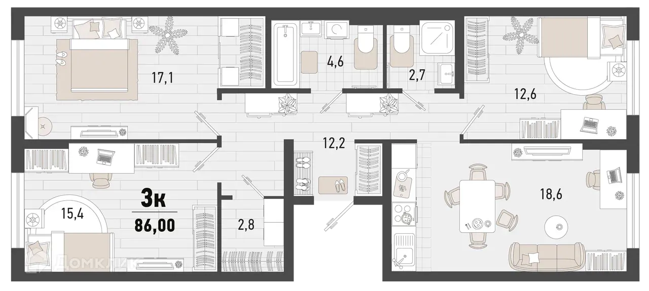 Планировка 3-комнатной квартиры 86 м² в ЖК Барса, г. Новороссийск — фото 1