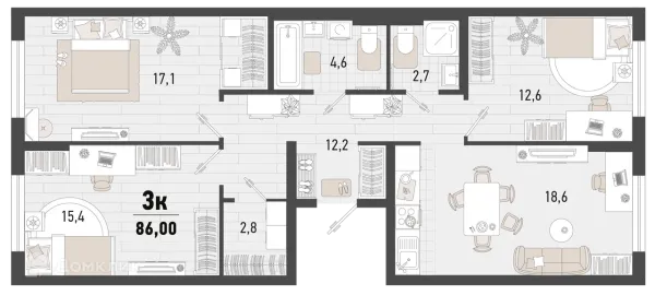 Планировка 3 комн. в ЖК Барса