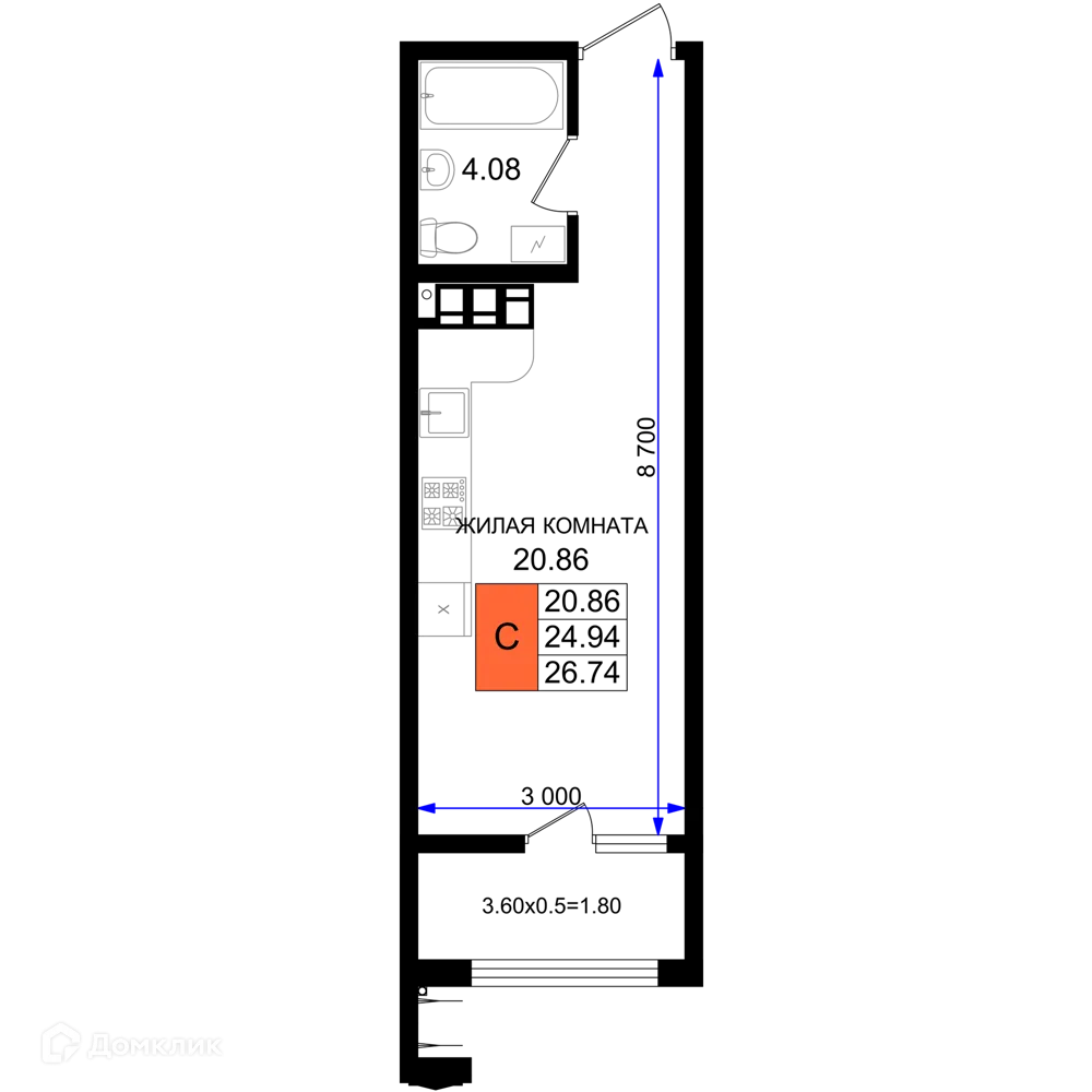 Планировка студии квартиры 26.74 м² в ЖК Резиденция морей, г. Новороссийск — фото 1