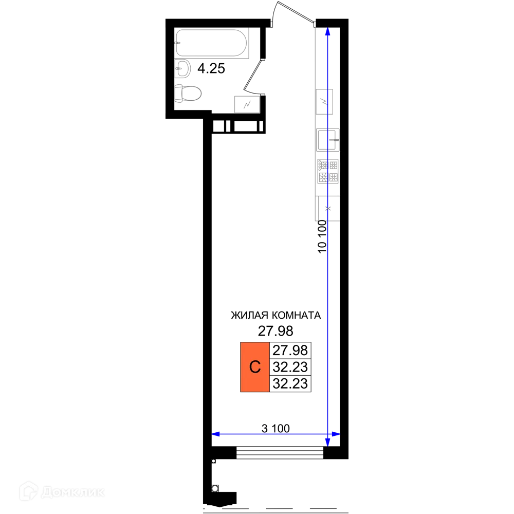 Планировка студии квартиры 32.23 м² в ЖК Резиденция морей, г. Новороссийск — фото 1