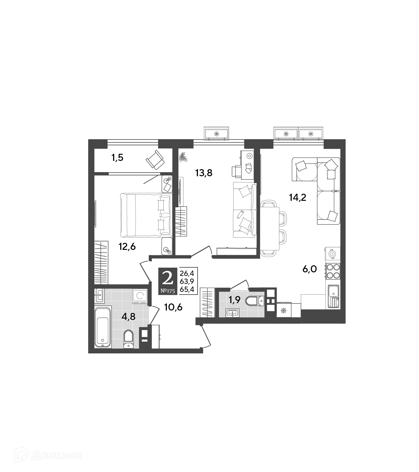 Планировка 2-комнатной квартиры 65.4 м² в ЖК Порто Ново, г. Новороссийск — фото 2