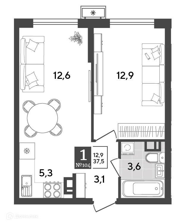 Планировка 1-комнатной квартиры 37.5 м² в ЖК Порто Ново, г. Новороссийск — фото 2