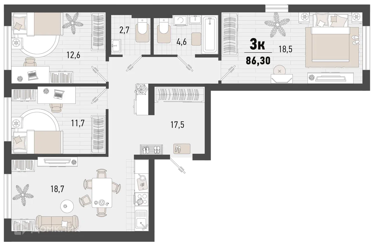Планировка 3-комнатной квартиры 86.3 м² в ЖК Барса, г. Новороссийск — фото 1