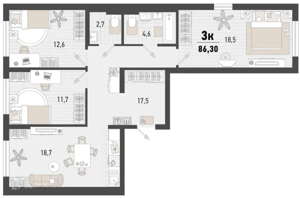 Планировка 3 комн. в ЖК Барса