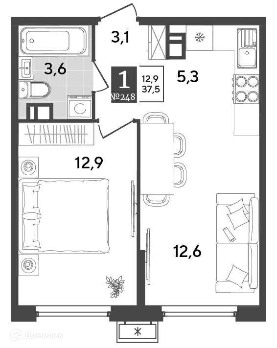 Планировка 1-комнатной квартиры 37.5 м² в ЖК Порто Ново, г. Новороссийск — фото 2