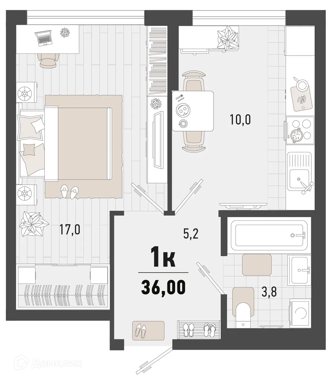 Планировка 1-комнатной квартиры 36 м² в ЖК Барса, г. Новороссийск — фото 1