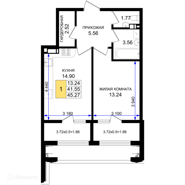 Планировка 1 комн. в ЖК Резиденция морей