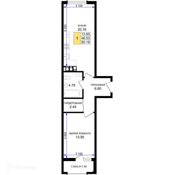 Планировка 1 комн. в ЖК Резиденция морей
