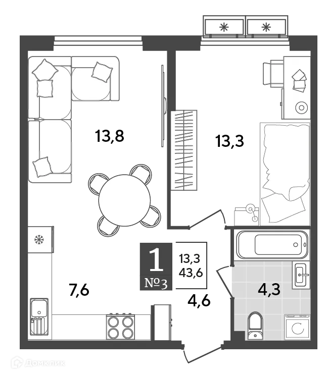 Планировка 1-комнатной квартиры 43.6 м² в ЖК Порто Ново, г. Новороссийск — фото 2