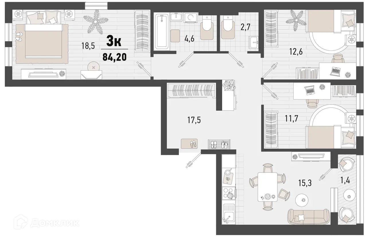 Планировка 3-комнатной квартиры 84.1 м² в ЖК Барса, г. Новороссийск — фото 1