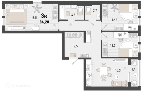 Планировка 3 комн. в ЖК Барса