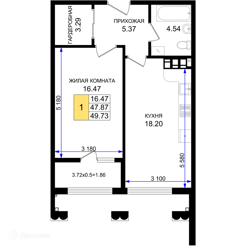 Планировка 1-комнатной квартиры 49.73 м² в ЖК Резиденция морей, г. Новороссийск — фото 1