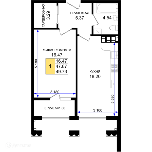 Планировка 1 комн. в ЖК Резиденция морей