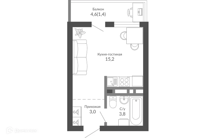 Планировка студии квартиры 23.2 м² в ЖК ОБЛАКА, г. Новороссийск — фото 1