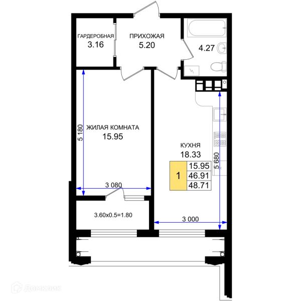 Планировка 1 комн. в ЖК Резиденция морей