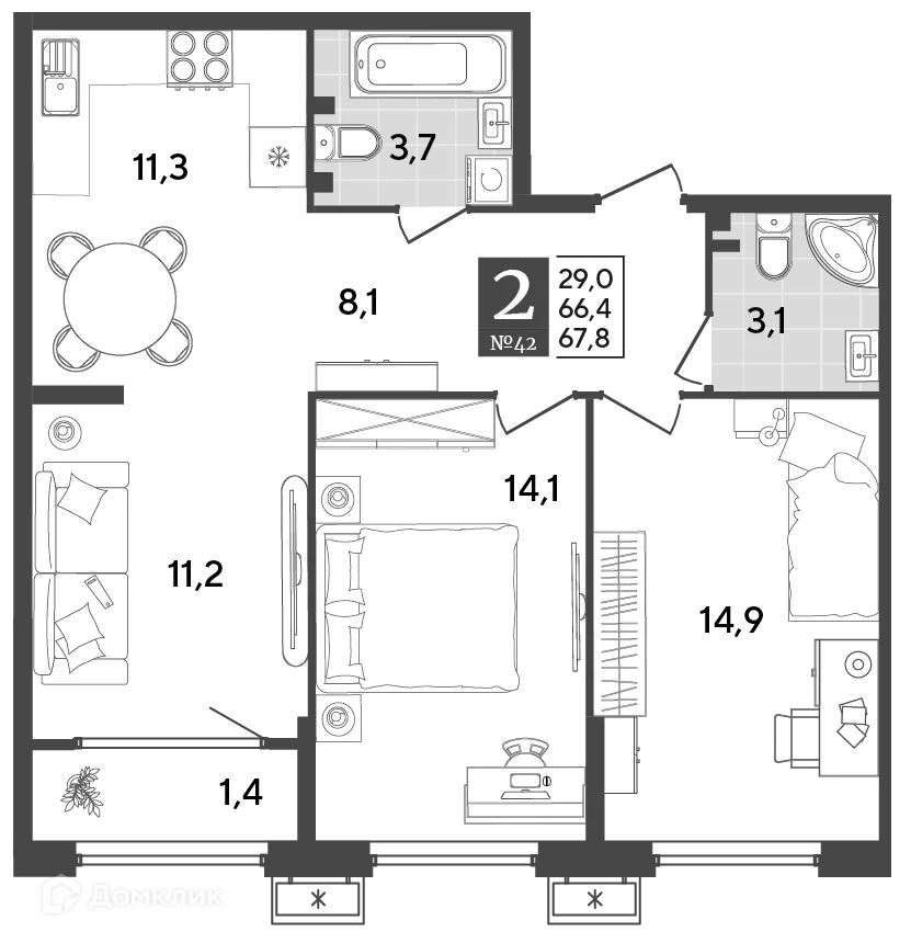 Планировка 2-комнатной квартиры 67.8 м² в ЖК Порто Ново, г. Новороссийск — фото 2