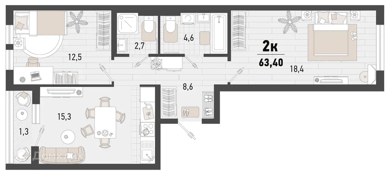 Планировка 2-комнатной квартиры 63.4 м² в ЖК Барса, г. Новороссийск — фото 1