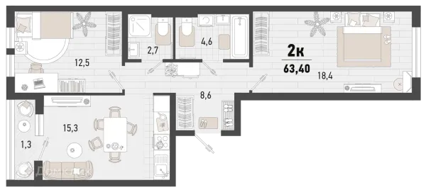 Планировка 2 комн. в ЖК Барса