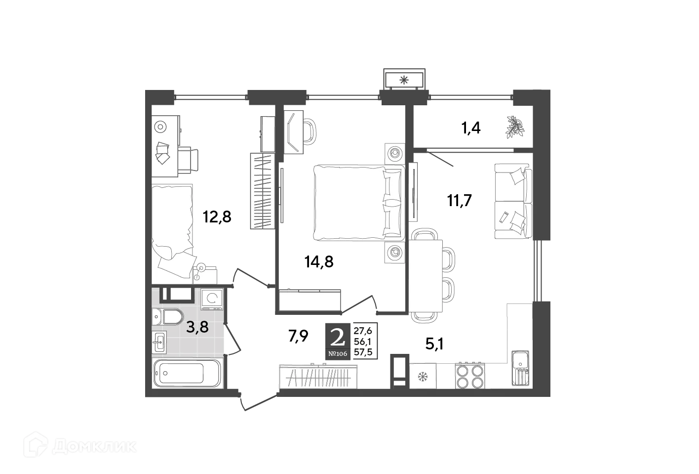 Планировка 2-комнатной квартиры 57.5 м² в ЖК Порто Ново, г. Новороссийск — фото 2