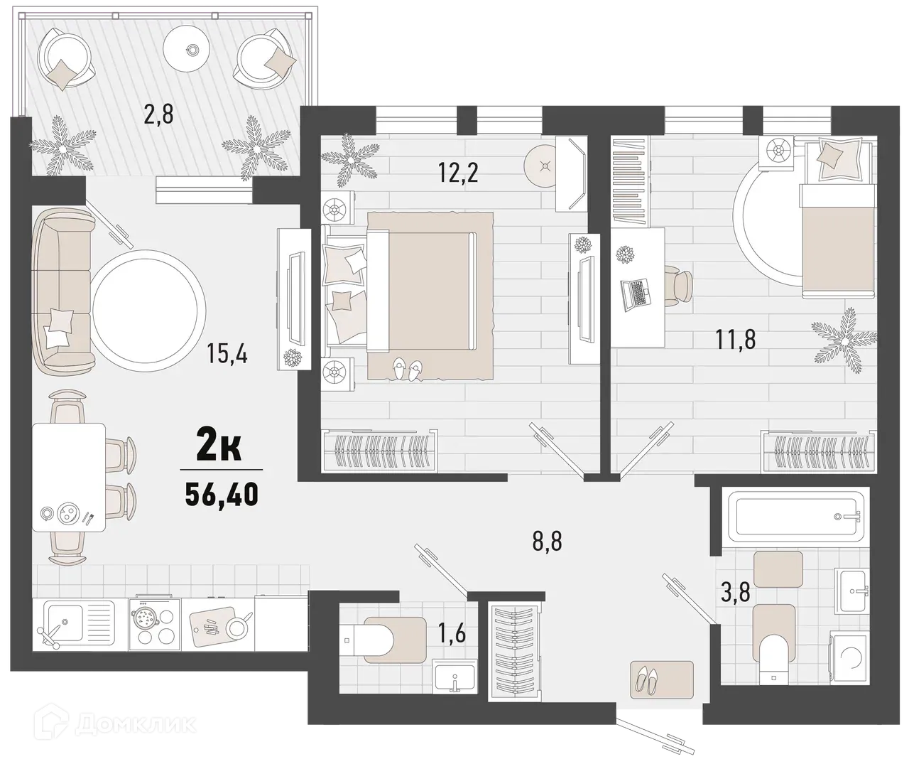 Планировка 2-комнатной квартиры 56.4 м² в ЖК Барса, г. Новороссийск — фото 1