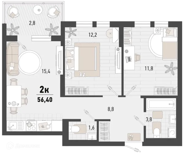 Планировка 2 комн. в ЖК Барса