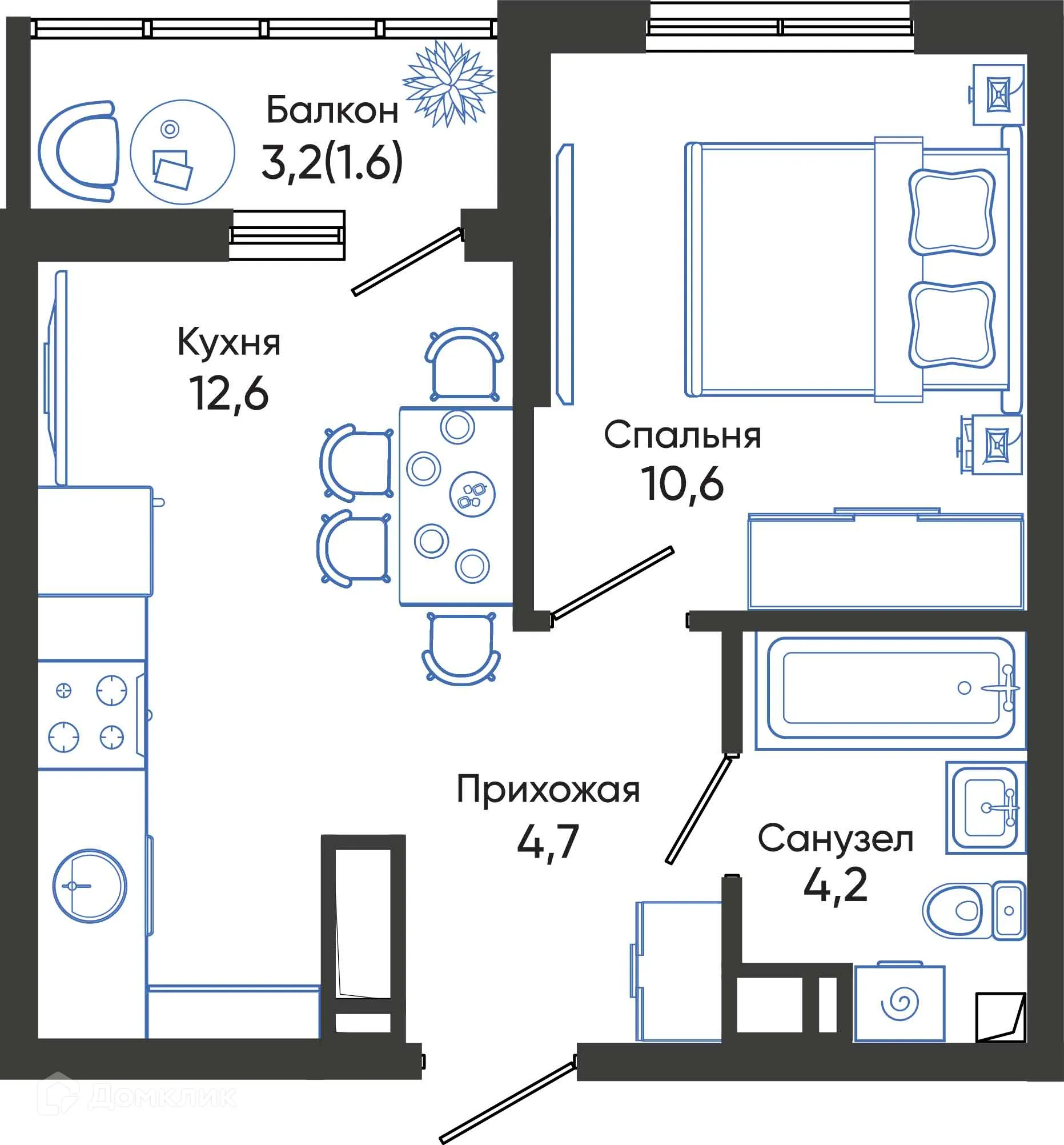 Планировка 1-комнатной квартиры 33.7 м² в ЖК ОБЛАКА, г. Новороссийск — фото 1
