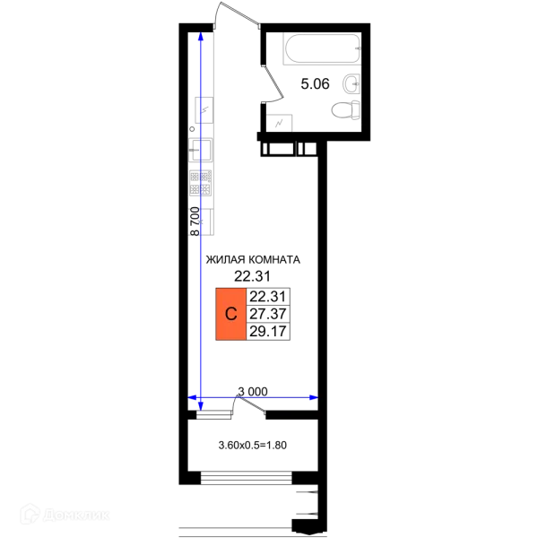 Планировка Студия в ЖК Резиденция морей