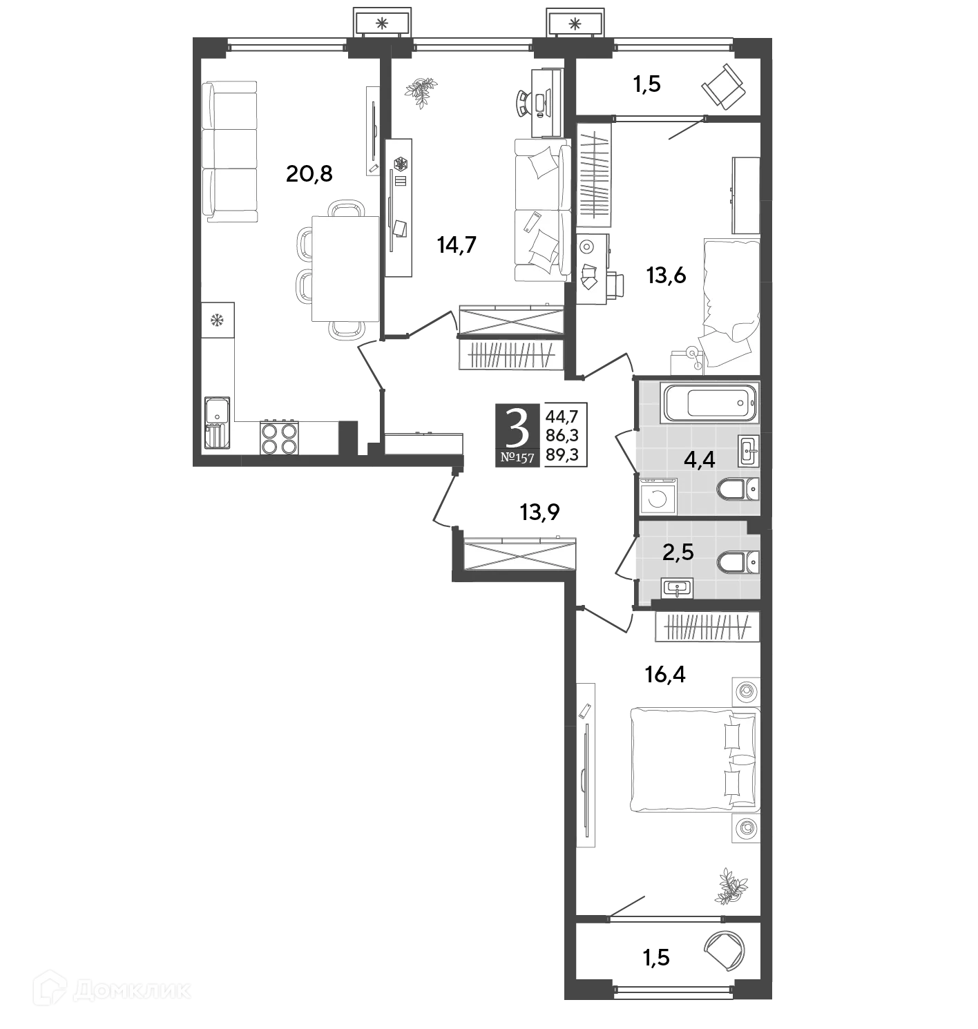 Планировка 3-комнатной квартиры 89.3 м² в ЖК Порто Ново, г. Новороссийск — фото 2