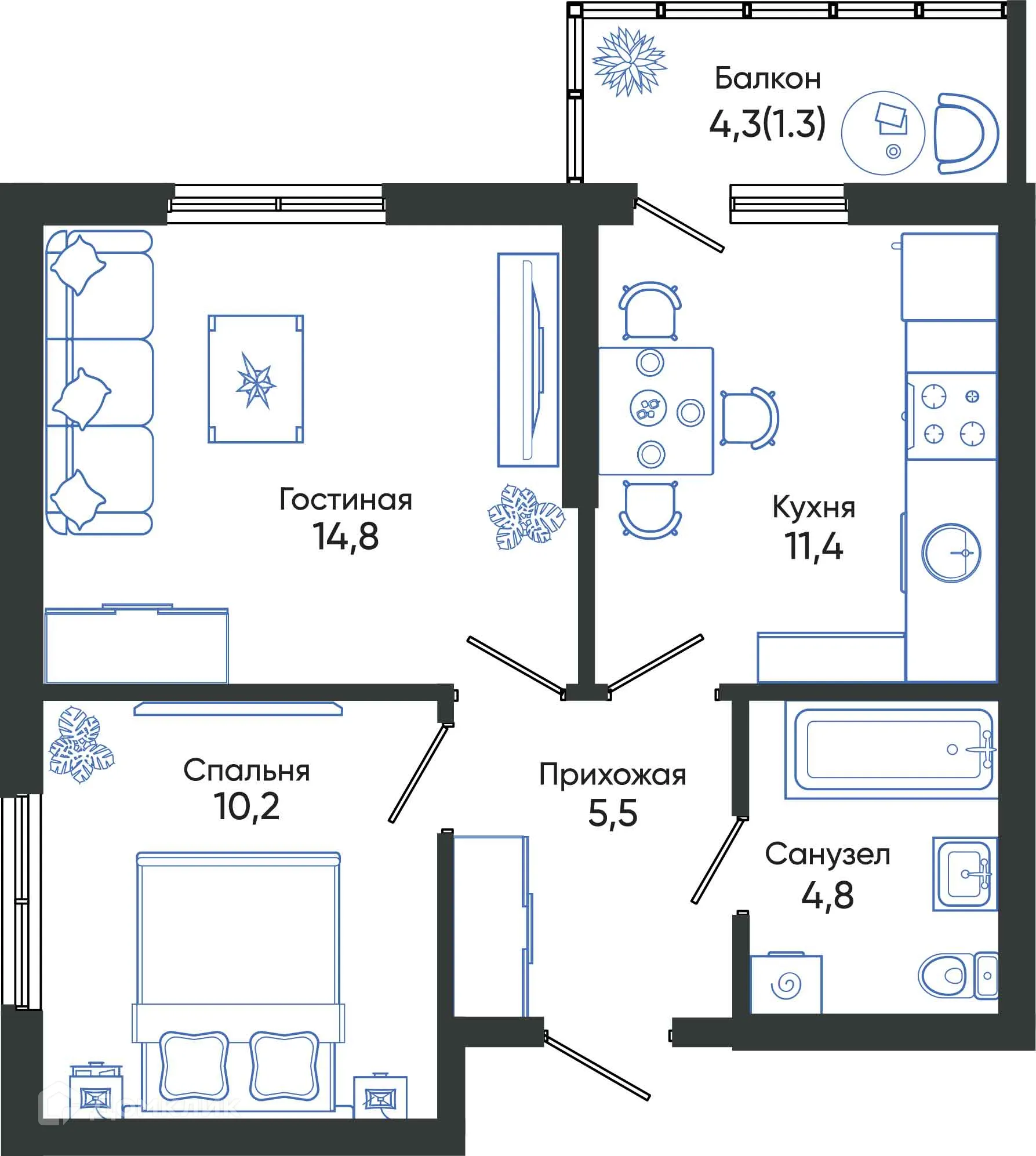 Планировка 2-комнатной квартиры 48 м² в ЖК ОБЛАКА, г. Новороссийск — фото 1