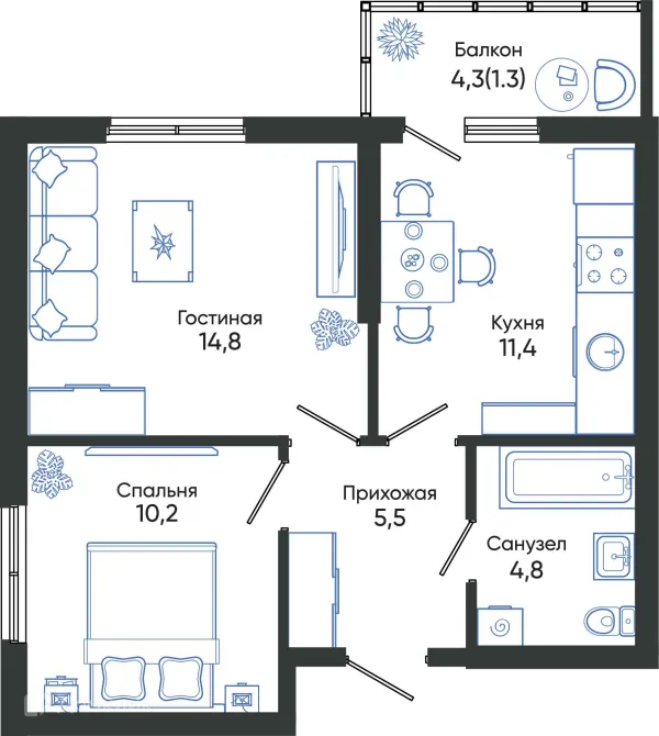 Планировка 2 комн. в ЖК ОБЛАКА