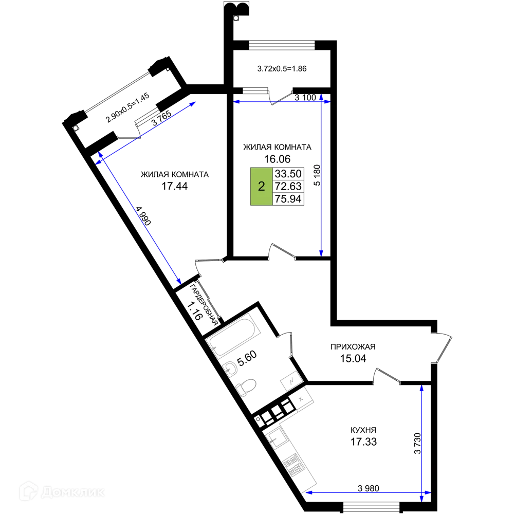 Планировка 2-комнатной квартиры 75.94 м² в ЖК Резиденция морей, г. Новороссийск — фото 1