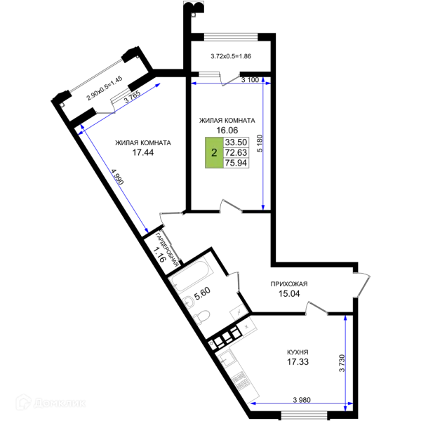 Планировка 2 комн. в ЖК Резиденция морей
