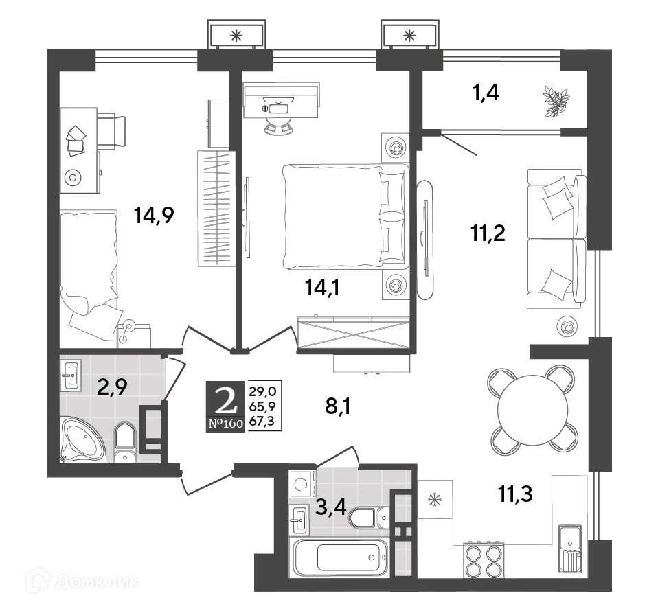 Планировка 2-комнатной квартиры 67.3 м² в ЖК Порто Ново, г. Новороссийск — фото 2