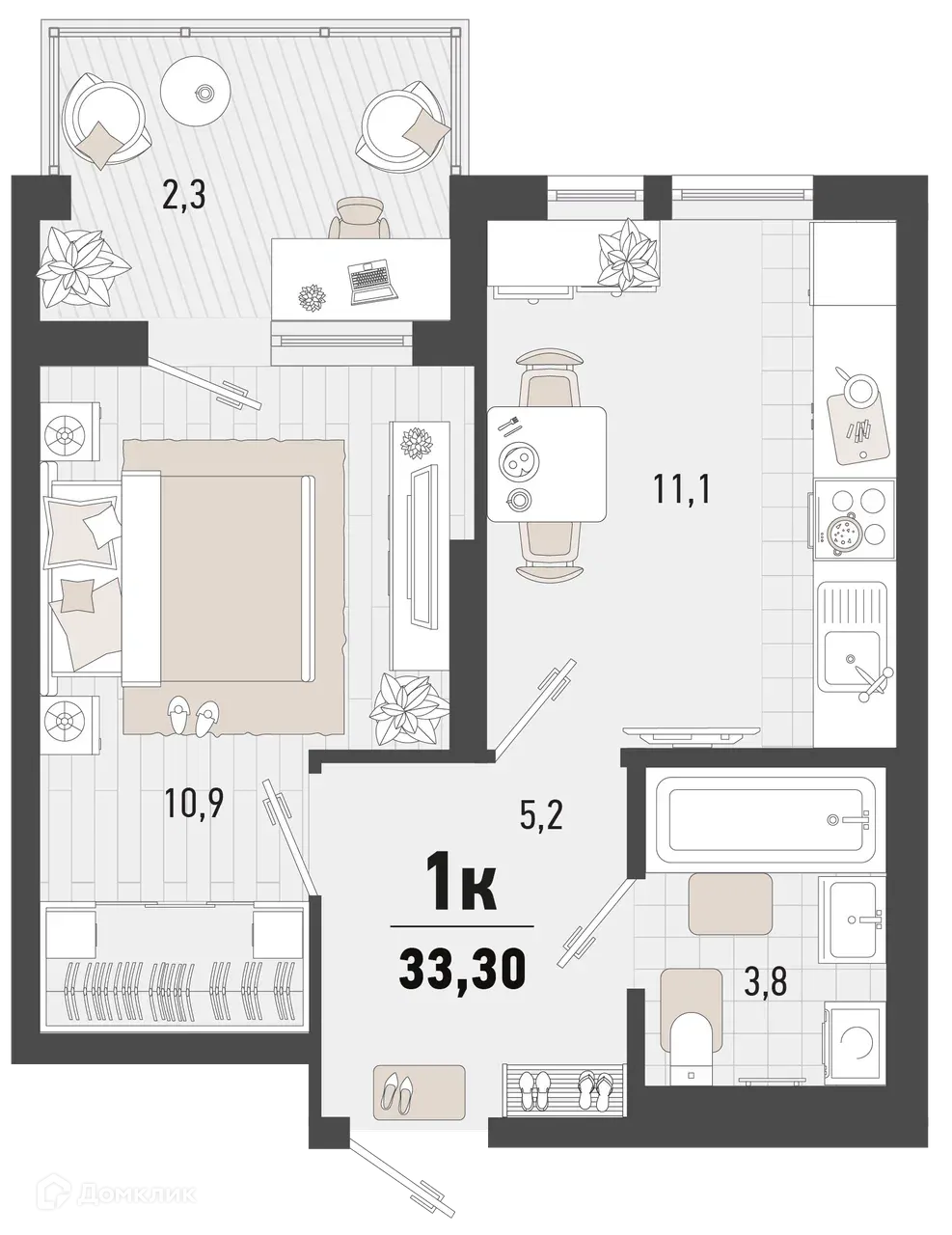 Планировка 1-комнатной квартиры 33.3 м² в ЖК Барса, г. Новороссийск — фото 1