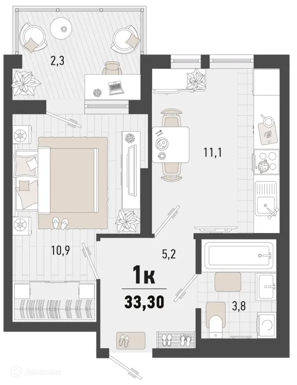 Планировка 1 комн. в ЖК Барса