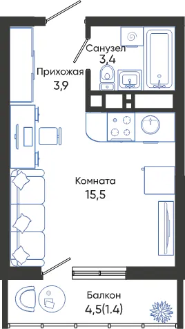 Планировка студии квартиры 24.2 м² в ЖК ОБЛАКА, г. Новороссийск — фото 1
