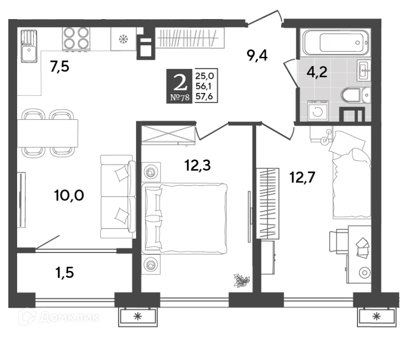 Планировка 2-комнатной квартиры 57.6 м² в ЖК Порто Ново, г. Новороссийск — фото 2