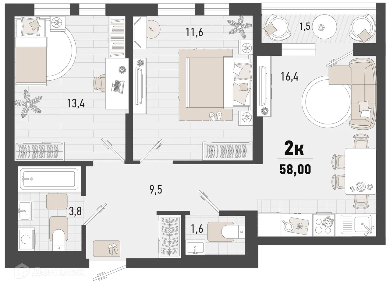 Планировка 2-комнатной квартиры 58 м² в ЖК Барса, г. Новороссийск — фото 1