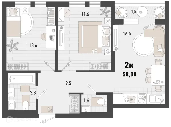 Планировка 2 комн. в ЖК Барса