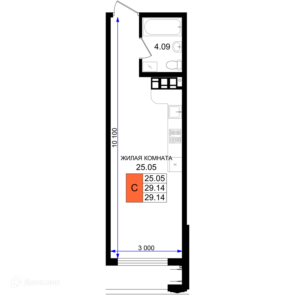 Планировка студии квартиры 29.14 м² в ЖК Резиденция морей, г. Новороссийск — фото 1