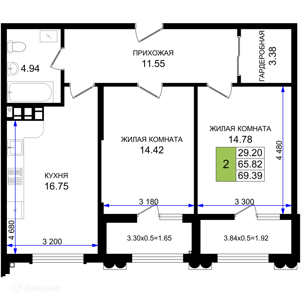 Планировка 2-комнатной квартиры 69.39 м² в ЖК Резиденция морей, г. Новороссийск — фото 1