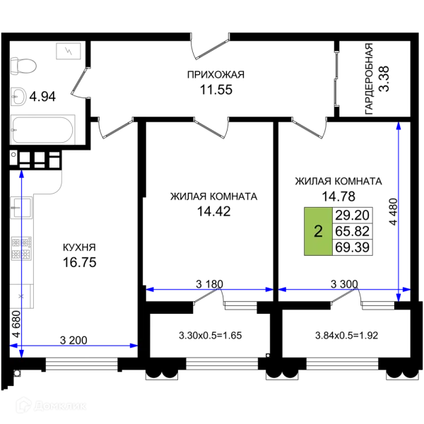 Планировка 2 комн. в ЖК Резиденция морей