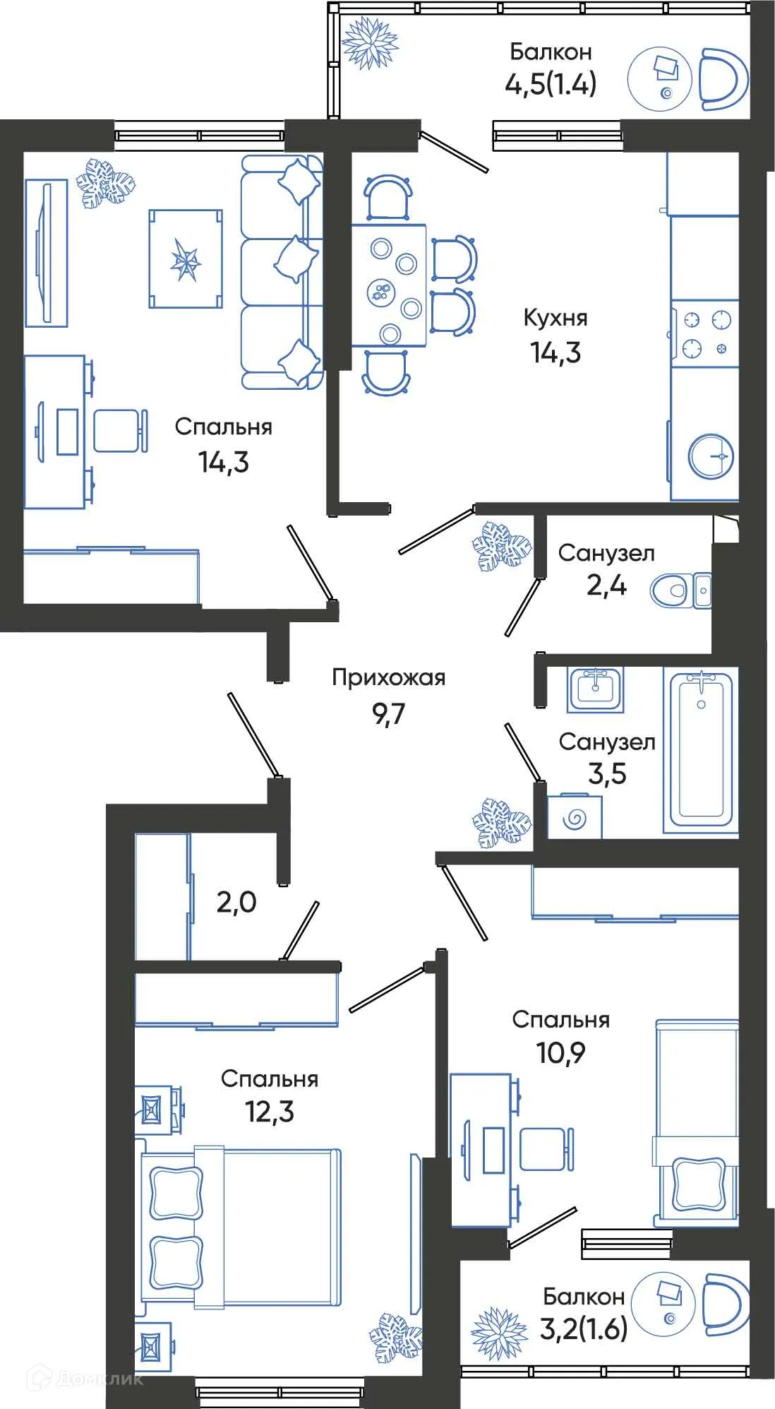 Планировка 3-комнатной квартиры 72.4 м² в ЖК ОБЛАКА, г. Новороссийск — фото 1