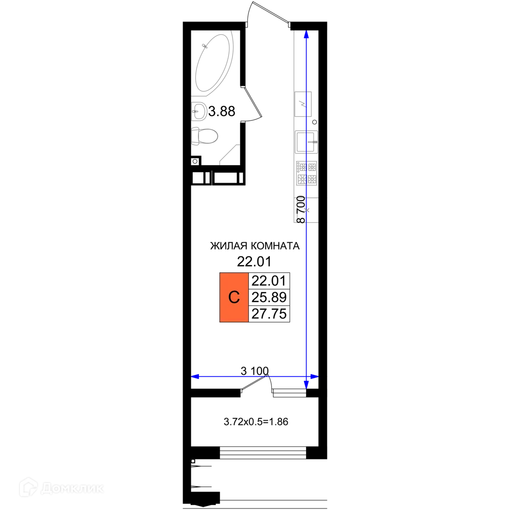 Планировка студии квартиры 27.75 м² в ЖК Резиденция морей, г. Новороссийск — фото 1