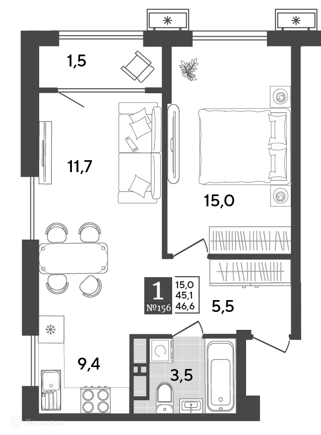 Планировка 1-комнатной квартиры 46.6 м² в ЖК Порто Ново, г. Новороссийск — фото 2